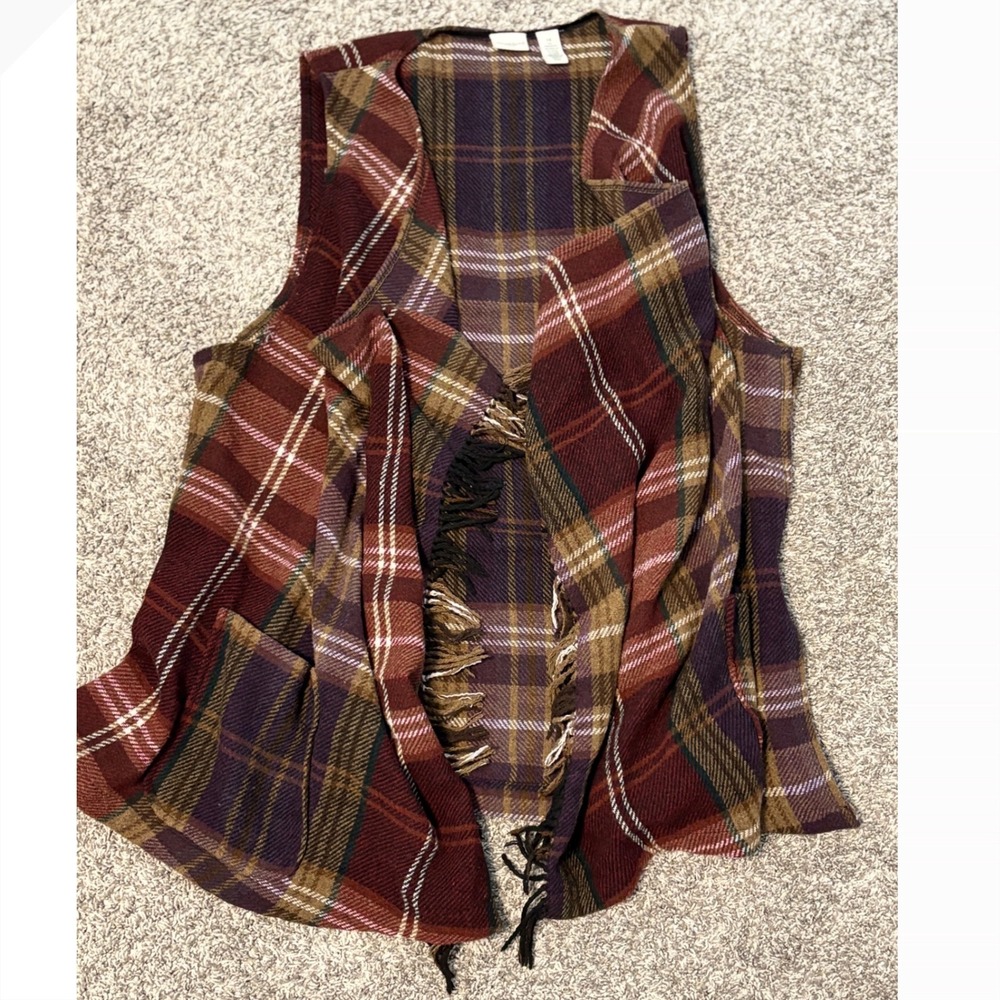 Westbound Woman Plaid Fringe Open Front Vest Cardigan Size 1X